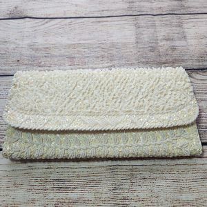 Vintage LA REGALE Ivory White Cream Beaded Pearls Sequin Satin Purse Clutch Bag